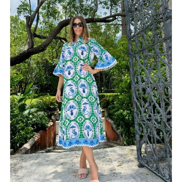 Isla Payal  COMO MIDI | MONKEY CHINOISERIE JADE & Blue Floral Print Maxi Dress S - Picture 1 of 12